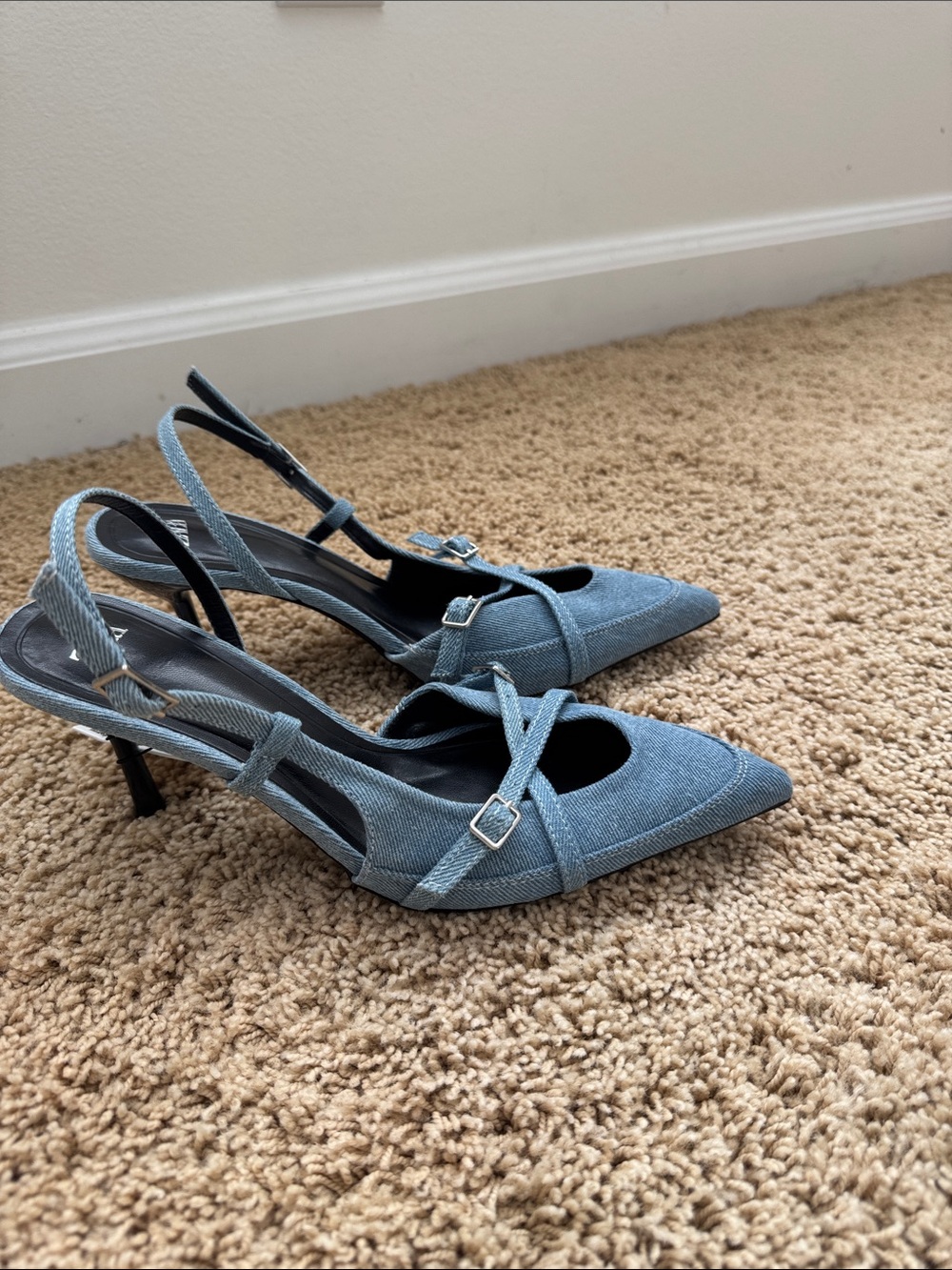 Zara Light Blue Denim Pointed Slingback Heels with Buckle Straps
